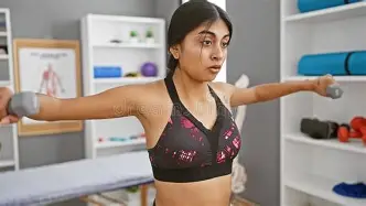 Woman strength training with dumbbells in a wellness studio.